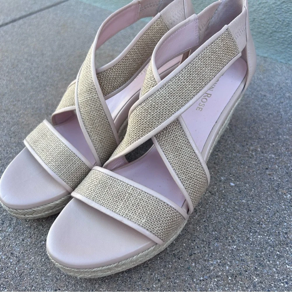 NEW $219~TARYN ROSE~KRISSY Linen/Leather Espadrille Platform Wedge Sandals~7/7.5